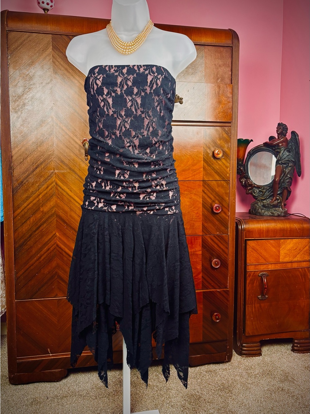 Vintage 90’s Strapless Fairy Goth Black Stretch Lace Dress M